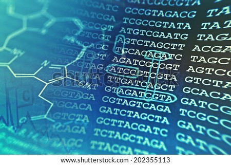 Laboratory glassware and DNA data. Science concept.