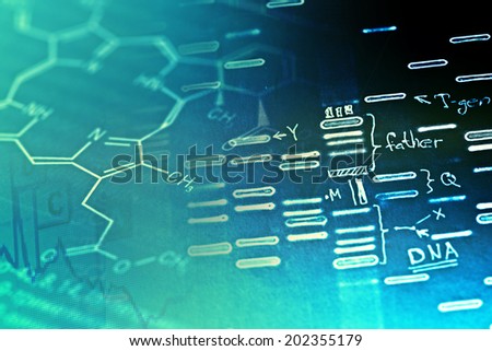 Laboratory glassware and DNA data. Science concept.
