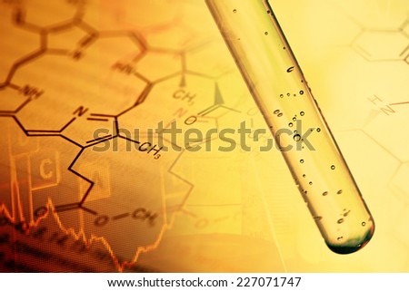 Laboratory glassware and periodic table of elements. Science concept