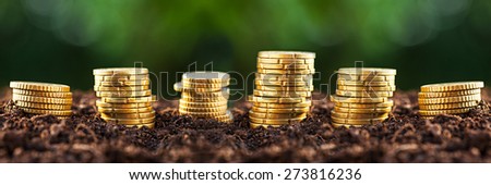 Money growth. Euro coins growing from soil.