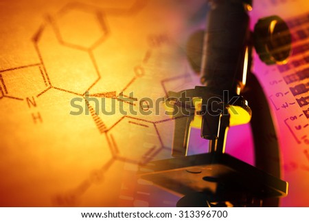 Chemistry science formula and microscope. Science symbol.