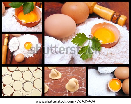 Still life eggs, flour and kitchen tools on a wooden board. Kitchen collage.