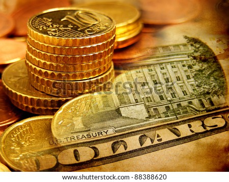 Euro coins and us dollar banknote background. Finance concept confrontation between the dollar and euro.
