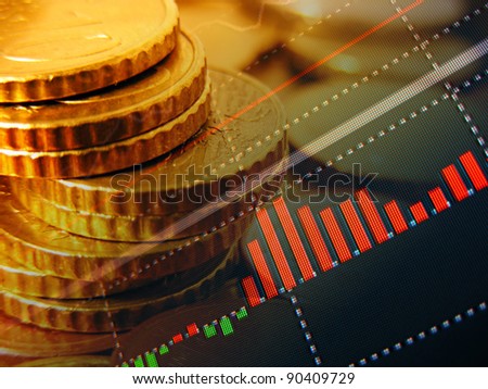 Finance background with market data and euro cents. Finance concept.