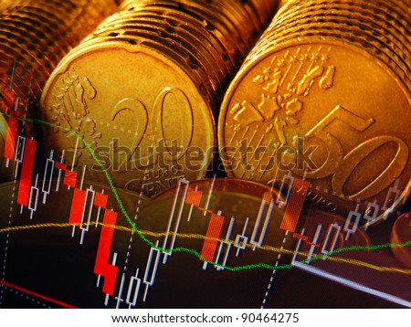 Finance background with market data and euro cents. Finance concept.