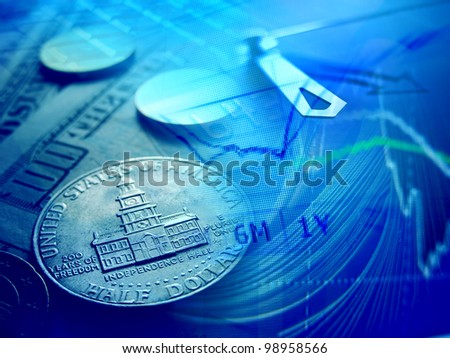 Finance background with coins, graph and watches