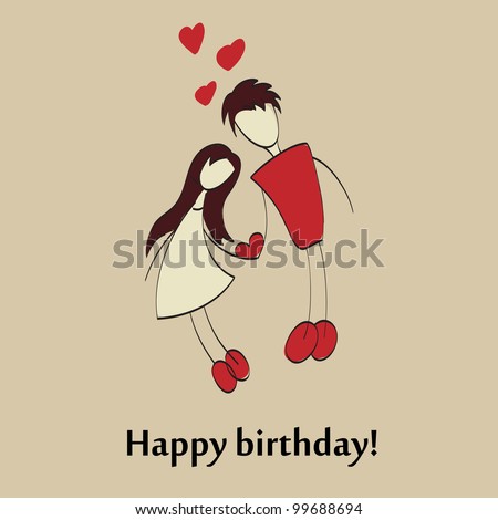 Happy Birthday Cute Greeting Card With Lovers, Vector Illustration