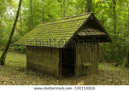 Old cottage, old wooden house, with moss among trees