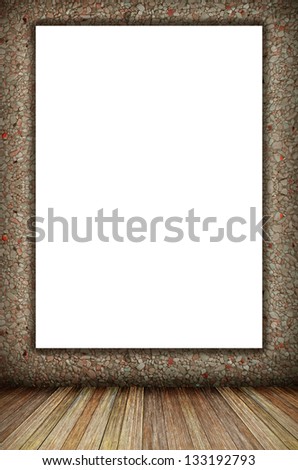 room interior vintage wall, wood floor and white blank placard background