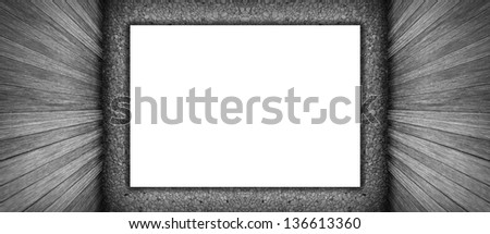 room interior vintage with brick wall, wood floor and white blank placard background in black and white