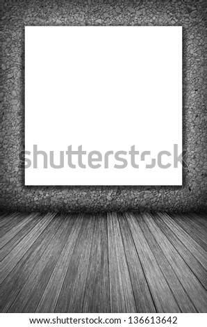 room interior vintage wall, wood floor and white blank placard background in black and white