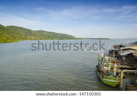 Sea panorama with industrial container cargo freight ship