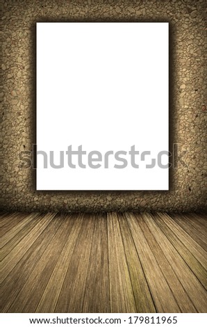 room interior vintage with wooden wall, wood floor and white blank placard background