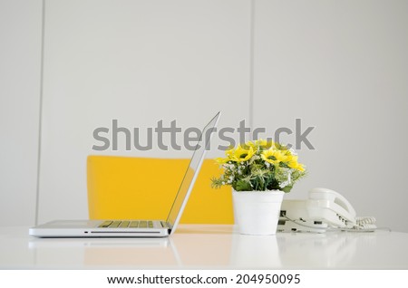 laptop telephone and flower in vase on desk