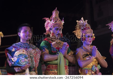 PETCHABURI, THAILAND - MARCH 22: Battle Presentation of traditional balinese Kecak Fire Dance and Thai Khon performances on MARCH 22, 2015 on PETCHABURI