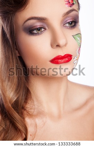 portrait woman with flowers on face face art