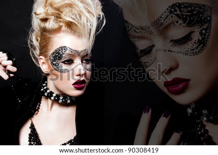 fashion photo of pretty blond woman with mask on face and creative hairstyle