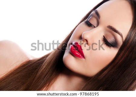 stock photo sexy young woman with chubby red lips on white background