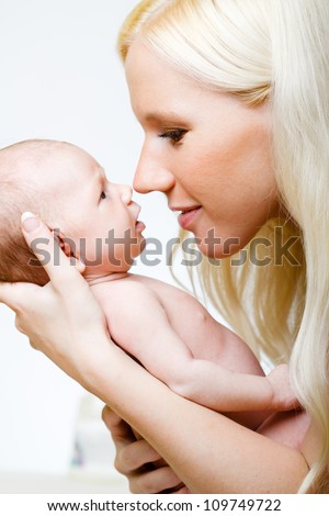 Closeup faces of young happy mother with cute newborn baby.