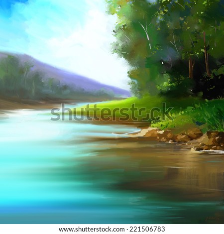 Summer day landscape with lake and trees. Digital art painting.