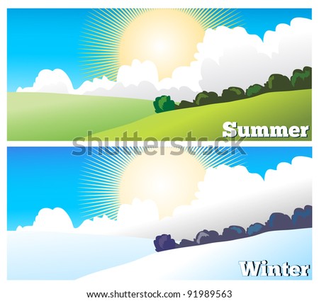 Vector illustration of summer and winter landscape. Two seasons illustration.