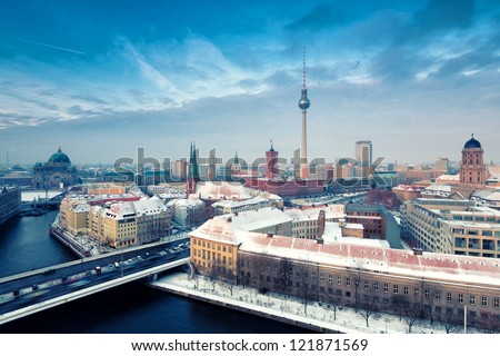 Berlin Skyline Winter City Panorama With Snow And Blue Sky - Famous Landmark In Berlin, Germany, Europe