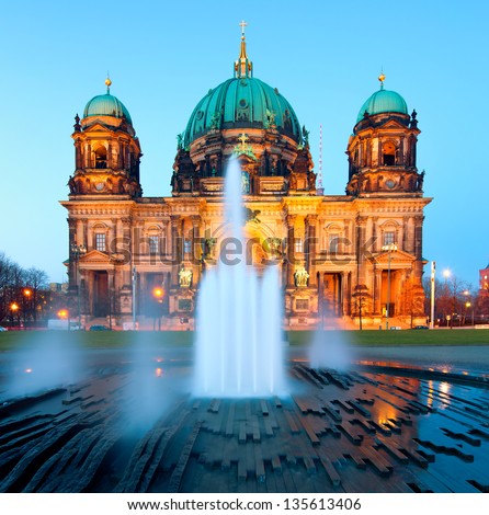 Berlin Cathedral (Berliner Dom) Panorama At Night, Famous Landmark In Berlin City, Germany At Night