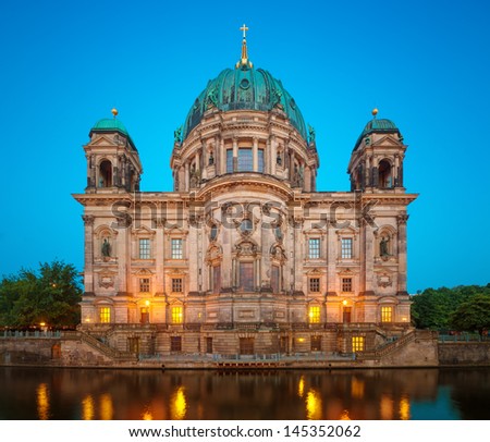 Berlin Cathedral (Berliner Dom) at Summer Night with Spree River, famous landmark in Berlin City, Germany at night