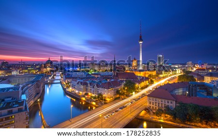 Berlin Skyline City Panorama with blue sky sunset and traffic - famous landmark in Berlin, Germany, Europe