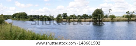 Panoramic view of the River Trent in Nottinghamshire at the point the River Derwent joins 66 miles south of it\'s source in the Peak District, Derbyshire.