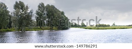 Panoramic image of the mouth of the River Soar at its confluence with the River Trent just before the Ratcliffe-on-Soar weir on the Nottinghamshire, Leicestershire border.