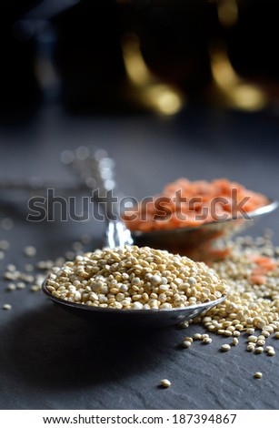 Quinoa on spoon against a dark background. Red split lentils in background. Shallow depth of field. Copy space.