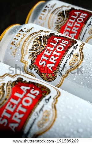 NOTTINGHAM, UK - MAY 8, 2014: Cans of Stella Artois 5% lager beer. Stella was introduced in 1926 in Belgium.