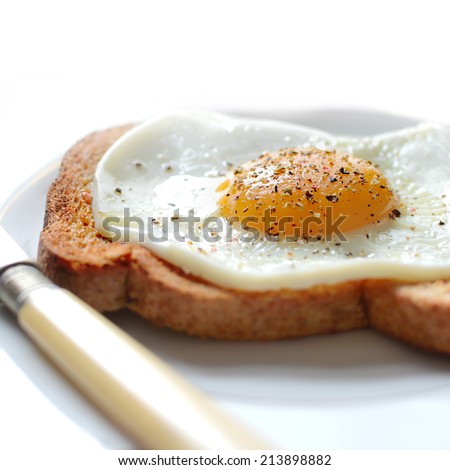 Close-up of fried egg, sunny side up, with sprinkles of pepper on sliced wholemeal bread. The perfect image for your restaurant breakfast menu. Copy space.