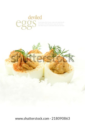 Fresh deviled eggs, also known as curried eggs, with dill garnish in snow. The perfect image for your restaurant menu cover design. Copy space.