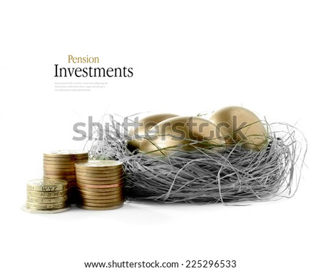 Golden goose eggs placed in a authentic looking grass nest against a white background with the image coloured bronze and greyscale. Concept image for pension savings and investments. Copy space.