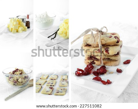 Traditional English shortbread ingredients with soft cranberries recipe guide. Can be selected and rearranged as required. Copy space.