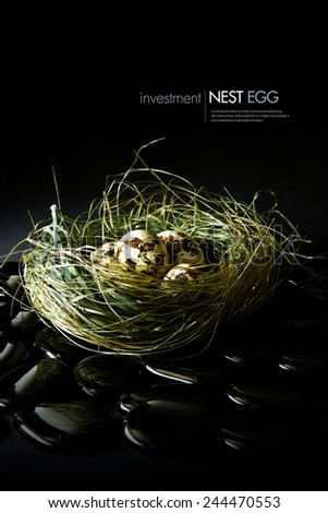 Creatively lit genuine quails eggs in a grass nest against a dark background. Concept image for pension or financial investments. Copy space.