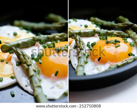 Dual image of poached ducks eggs and asparagus tips with Himalayan pink rock salt and fresh chives. Perfect images for a restaurant or bistro menu.