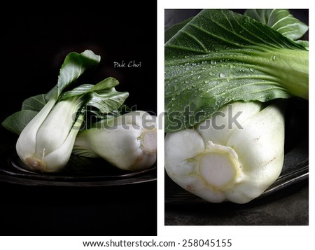 Dual image of Pak Choi vegetable in selective natural lighting. Standard view and macro images. Perfect image for a vegetarian blog, restaurant or bistro menu. Copy space.