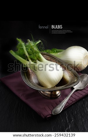 Fresh fennel bulbs against a black background placed on antique silver bowl. Photographed in diffused, natural light with focus on the foreground. Copy space.