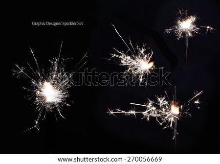 Four sparkler images for a graphic designers toolbox. Genuine images, not vectors, of ignited sparklers against black. Shot in high resolution at high speed for rendering within your designs.