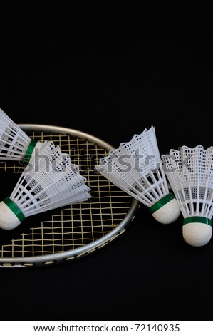 A still-life composition of a non-branded badminton racket and shuttle flights.