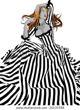 stock vector Girl in a black and white stripes victorian wedding dress 