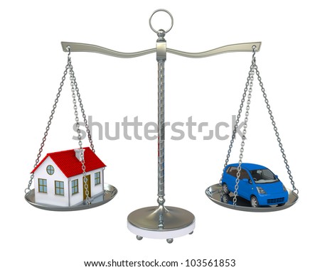 Home and car balance scales. Isolated on white background