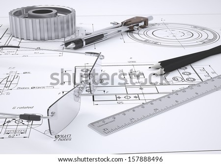 Glasses, ruler, compass, pencil and gear lie on the drawing. 3d render