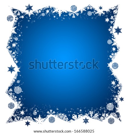 Christmas frame. White and blue snowflakes. White background