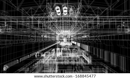 Gantry crane in a factory environment. Wire-frame. Render on a black background