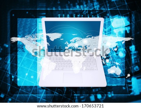 Laptop. Abstract background: microcircuit, tablet pc and world map. Computer technology concept