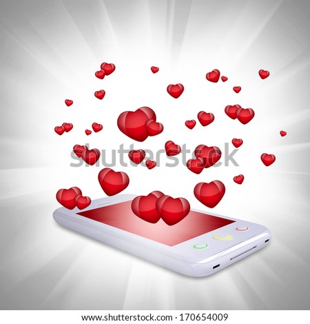 Red hearts fly out of the smartphone. Computer technology concept on Valentine\'s Day
